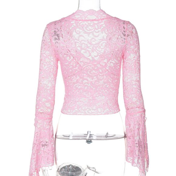 ๐ Dramatic Sheer Lace Bell Sleeve Top - Y2K Style! ๐ค - Picture 4 of 6